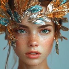 Enchanting portrait of a young woman with golden leaves studio photography close-up ethereal beauty