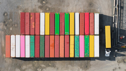 Aerial view of container port in Tacoma, washington state, with many colorful containers.