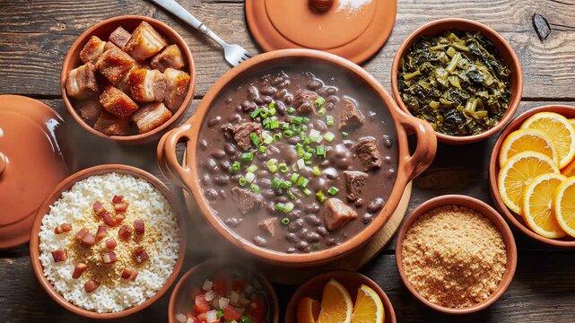 Overhead static wide shot showcasing a complete traditional Brazilian feijoada table setup featuring a large steaming clay pot centered on rustic dark wood website footage, ceramic vessel, flat lay