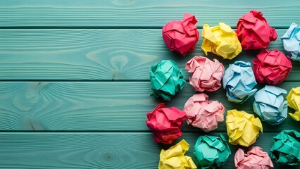Colorful crumpled paper balls on a teal wooden background creative workspace concept