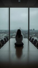 Woman meditating on conference table overlooking city skyline for mindfulness