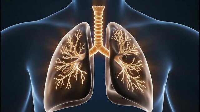 Detailed human lungs with trachea and bronchi, symbolizing anatomy, respiration, and health, on blue background