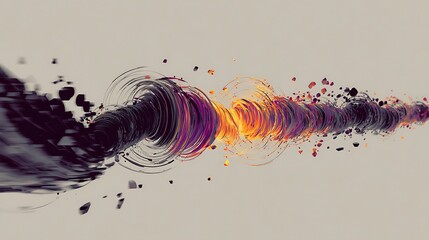 Abstract digital glitch art showing colorful swirling waves and particles on gray background