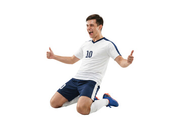 Fototapeta premium Excited Male Soccer Player Celebrating Victory Kneeling with Thumbs Up