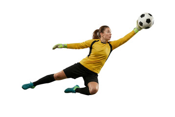 Female Soccer Goalkeeper Diving to Catch Ball Isolated on White