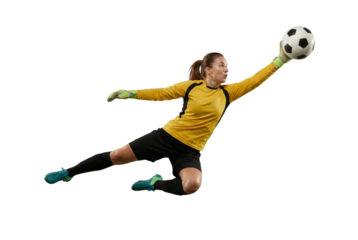 Female Soccer Goalkeeper Diving to Catch Ball Isolated on White