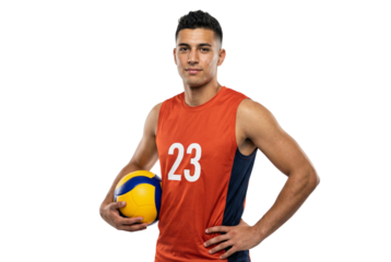 Young Male Volleyball Player in Orange Jersey with Number 23 Holding Volleyball