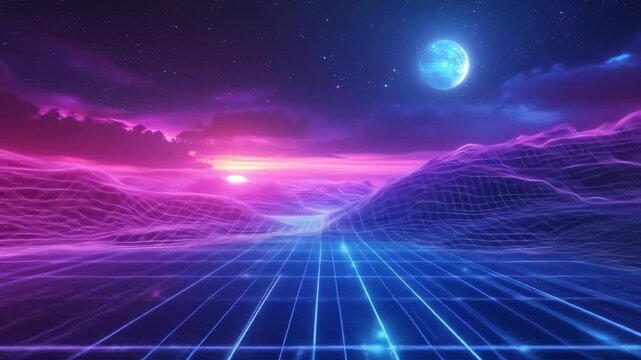 Abstract digital landscape with grid mountains and celestial elements