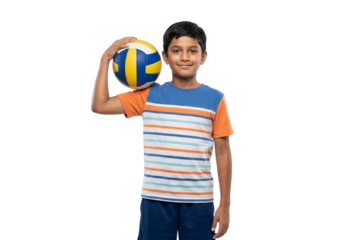 Smiling Young Boy Holding Volleyball on White Background