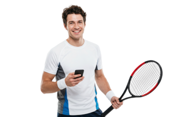 Smiling Male Tennis Player Holding Smartphone and Racket