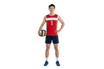 Smiling Male Volleyball Player in Red Jersey Holding Ball