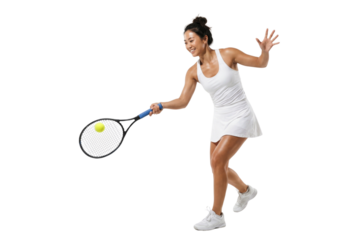 Energetic Asian Woman Playing Tennis in White Sportswear
