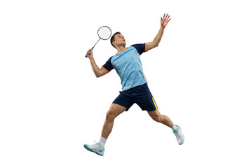 Fototapeta premium Male Badminton Player Jumping with Racket on White Background