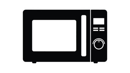 Fototapeta premium Simple black and white graphic icon illustrating a household microwave oven with a viewing window and control panel featuring a digital display and rotary dial for setting time or power levels.