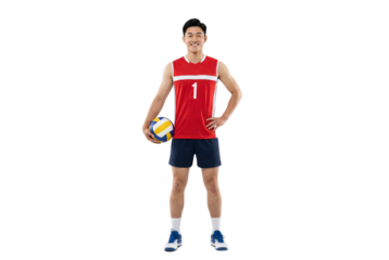 Smiling Asian Male Volleyball Player in Red Jersey Holding Ball on White Background