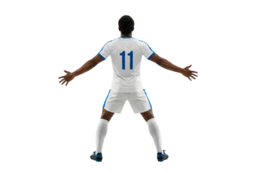 Male Soccer Player in White and Blue Uniform Rear View Number 11