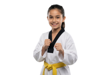 Young Girl in Taekwondo Uniform with Yellow Belt