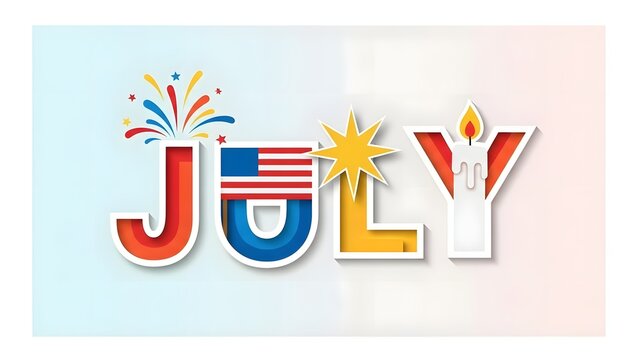 Festive July typography with patriotic flag, fireworks, and candle for summer holiday celebration design