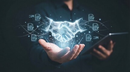 a conceptual image depicting a glowing handshake emerging from a hand and a tablet surrounded by digital icons representing data and connectivity high quality