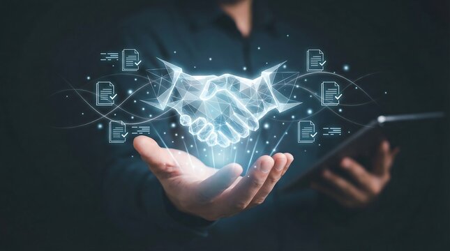 a conceptual image depicting a glowing handshake emerging from a hand and a tablet surrounded by digital icons representing data and connectivity high quality - Powered by Adobe