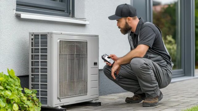 An outside heat pump unit near a residential building's fa&ccedil;ade is being maintained by a technician.