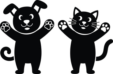 Obraz premium Cute dog and cat cartoon silhouettes waving paws isolated on white background representing pets friendship kids illustration playful design