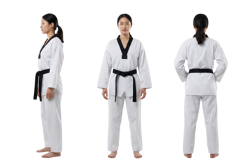 Asian Woman Taekwondo Uniform Product Shot with Black Belt, Front Back Side Views