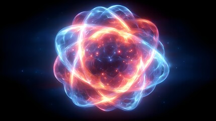 Abstract Atomic Nucleus with Glowing Orbits and Particles.