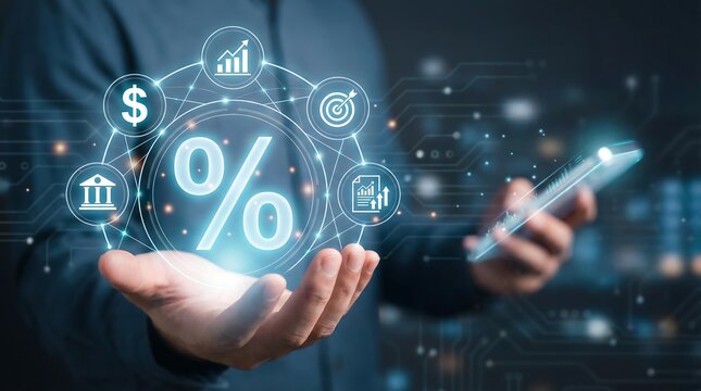 A focused individual is digitally displaying financial data including percentage symbols charts and currency suggesting modern investment strategies and data analysis high quality professional - Powered by Adobe
