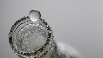 Macro shot of a water droplet on the tip of a frozen pipe.