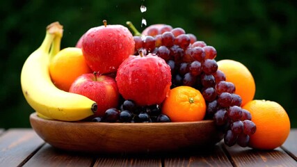 Fresh fruit assortment in wooden bowl with water drops