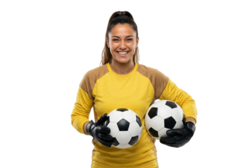 Smiling Female Soccer Goalkeeper in Yellow Jersey Holding Two Soccer Balls
