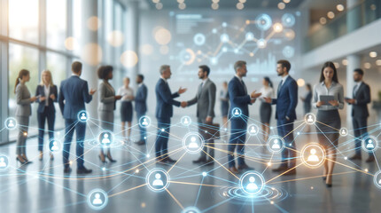 a blurred image depicts a modern office lobby filled with professionals networking linked by glowing blue digital connections and icons representing people high quality