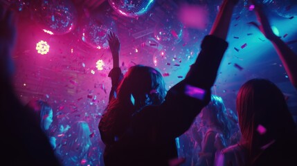 Women, dancing and glitter in night club for party, celebration and excited for New Year. Friends, movement and energy on dancefloor for event, disco or birthday social with neon lights for aesthetic