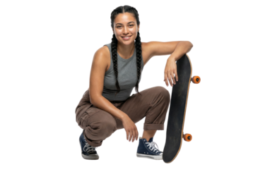 Smiling Young Woman with Braids and Skateboard Crouching on White Background