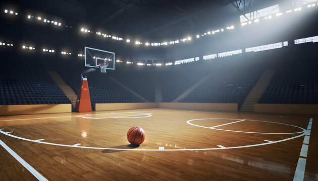 A dimly lit basketball court with a ball on the floor and a hoop in the background, featuring bright overhead lighting and empty blue seats.