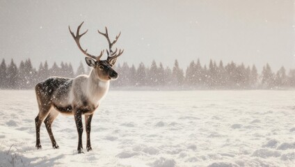 Majestic Reindeer Standing in a Snowy Winter Landscape with Pine Forest Background.