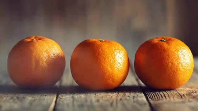 This video captures three vibrant, perfectly ripe oranges arranged artfully in a neat row on a weathered, rustic wooden surface. The warm, natural lighting beautifully accentuates the dimpled texture 