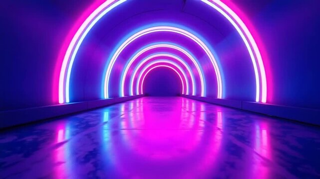Vibrant neon tunnel with purple and blue lights leading to the distance