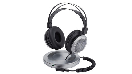 Headphones on stand in modern minimalist style with soft studio lighting on white background for tech advertising