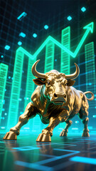 A digital-style golden bull in a high-tech trading environment with glowing green neon charts symbolizing modern financial growth and electronic market success.