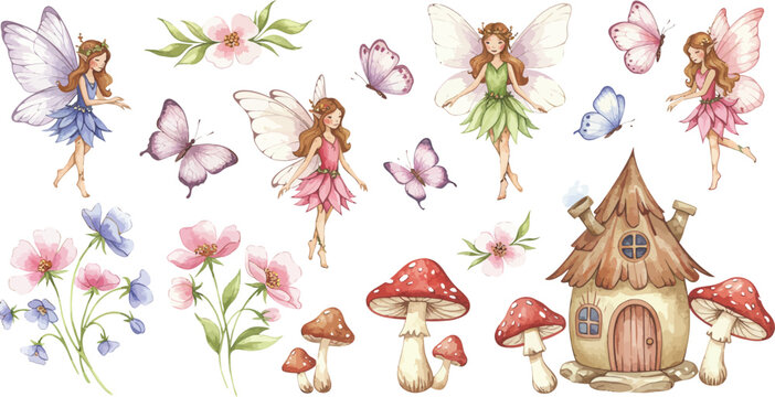 Whimsical illustration of fairies butterflies flowers and mushrooms in fantasy setting