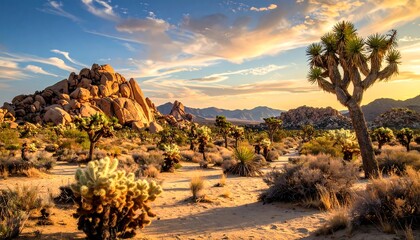 Desert landscape showcases rock formations, unique trees, and vibrant clouds as the sun sets, creating a picturesque scene