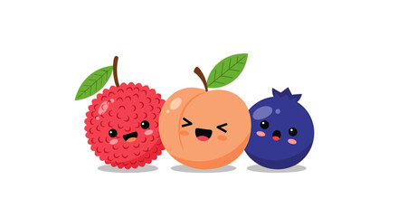 Trio of adorable fruit characters including a lychee, a peach, and a blueberry with friendly faces for healthy eating and kids themes.