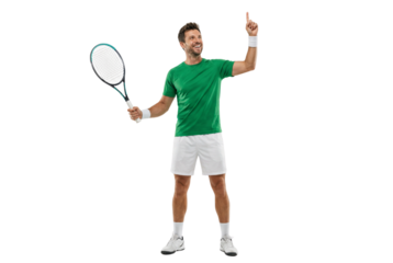 Confident Male Tennis Player Celebrating Victory Pointing Upwards