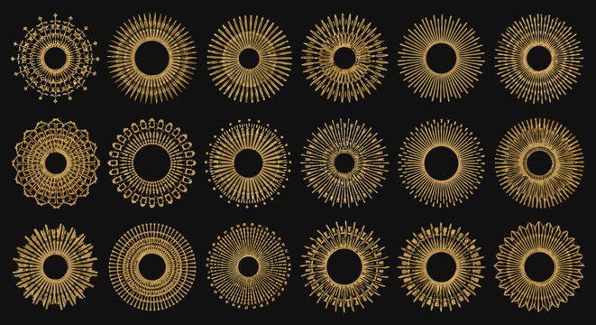 Extensive collection of eighteen different golden sunburst and mandala designs arranged in a grid against a solid black background.