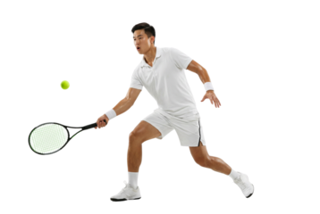 Dynamic Young Asian Man Tennis Player Hitting Ball in White Sportswear