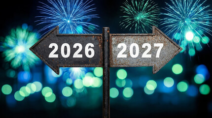 A weathered signpost directs towards 2026 and 2027 with vibrant fireworks.