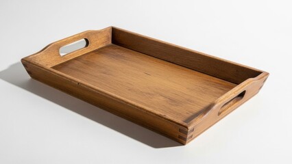 Fototapeta premium Simple rectangular wooden serving tray with cutout handles on a light background, showcasing natural grain, minimalist design, and versatile functionality for carrying drinks, snacks, or decor