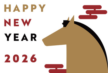 シンプルな馬で飾られた午年の2026年度版横向き年賀状テンプレート（白）　2026 horizontal happy new year's card template decorated with a simple horse (white)	